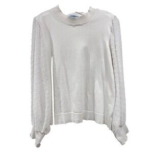 CeCe Women's White Mock Neck Knit  Sweater Size L Full Sheer  Puff Dot Sleeves